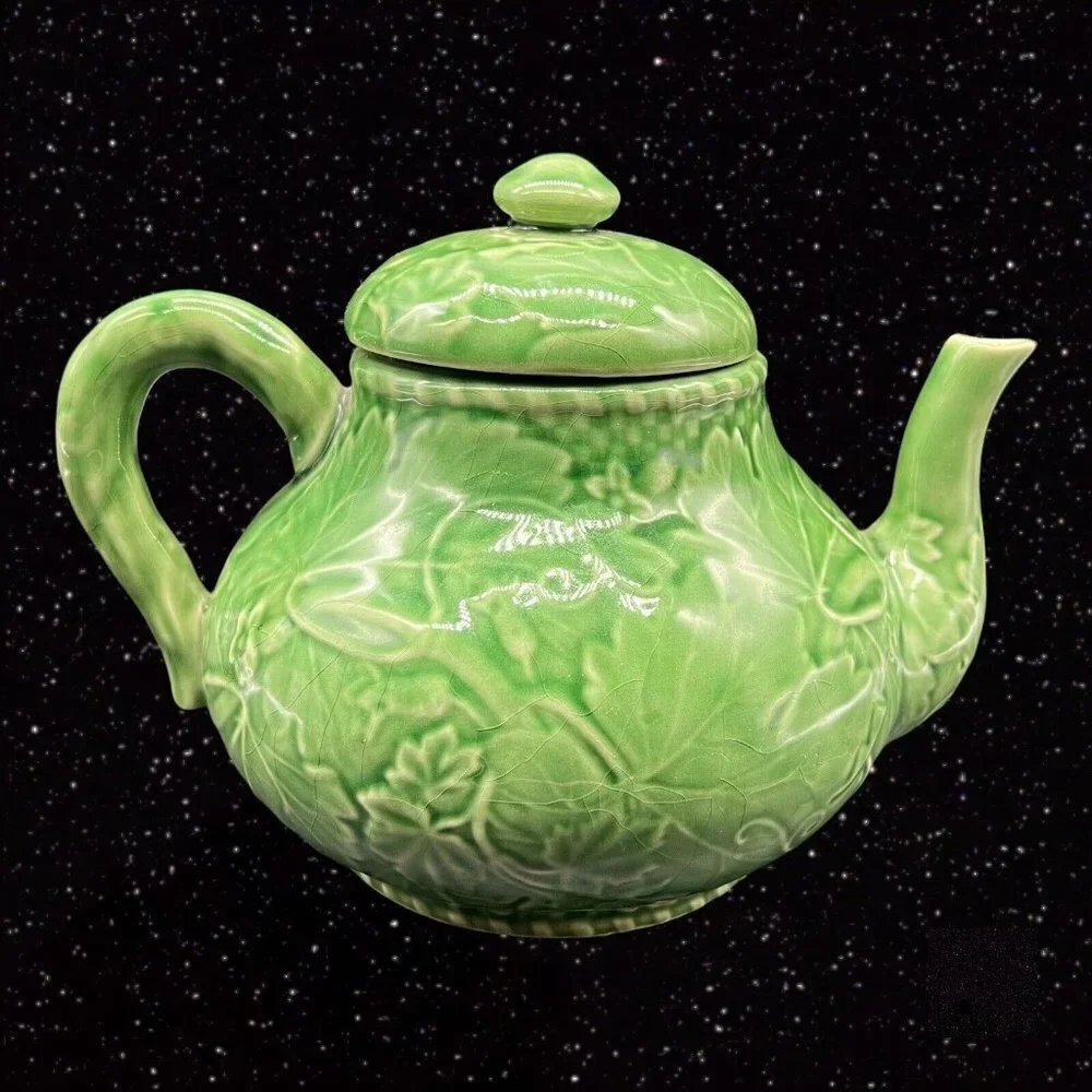 Vintage Pier 1 Imports Handpainted Green Cabbage Teapot Portugal 6”W 9”T‎